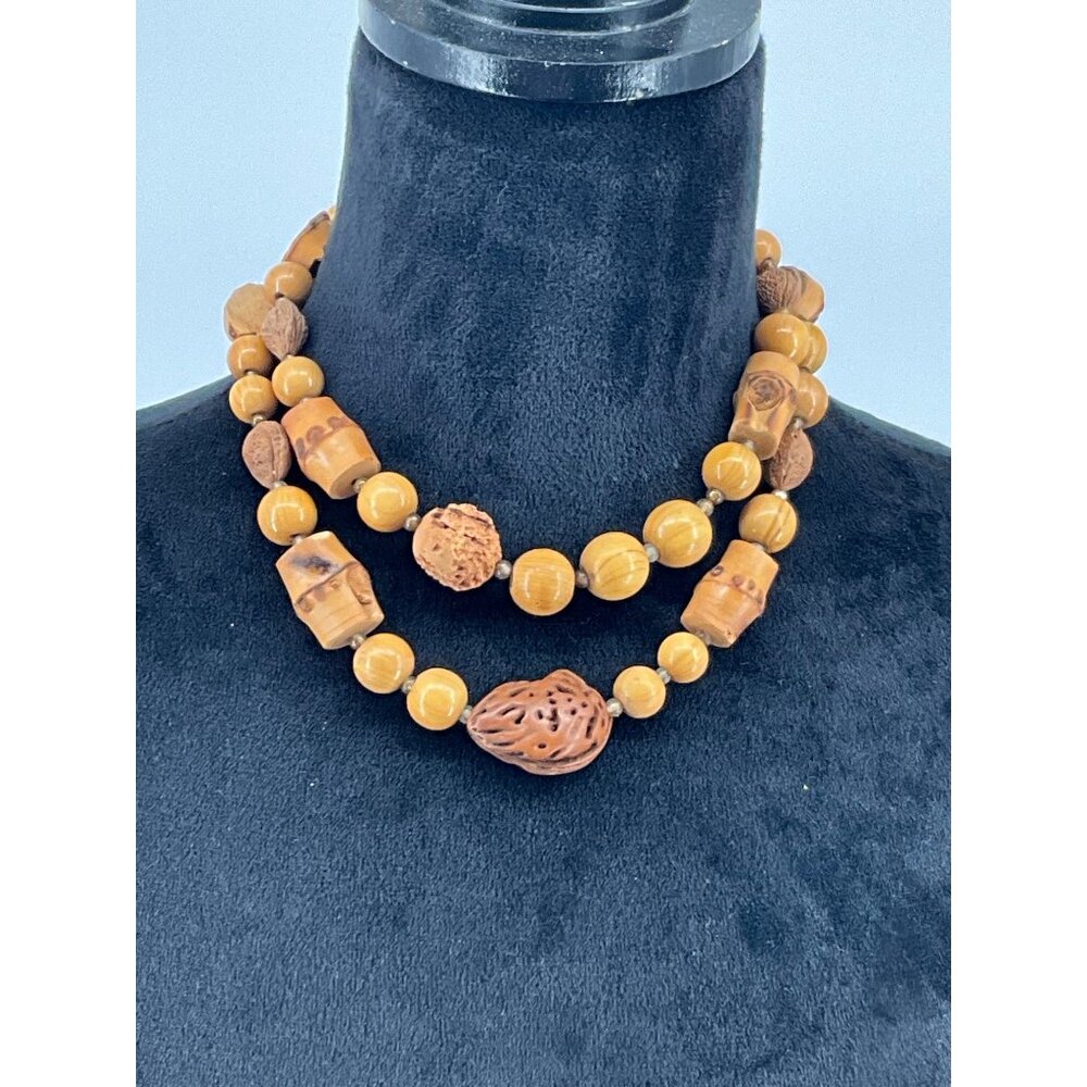 Vintage Wooden Beaded‎ Necklace With Carved Faces & Textured Beads Approximately
